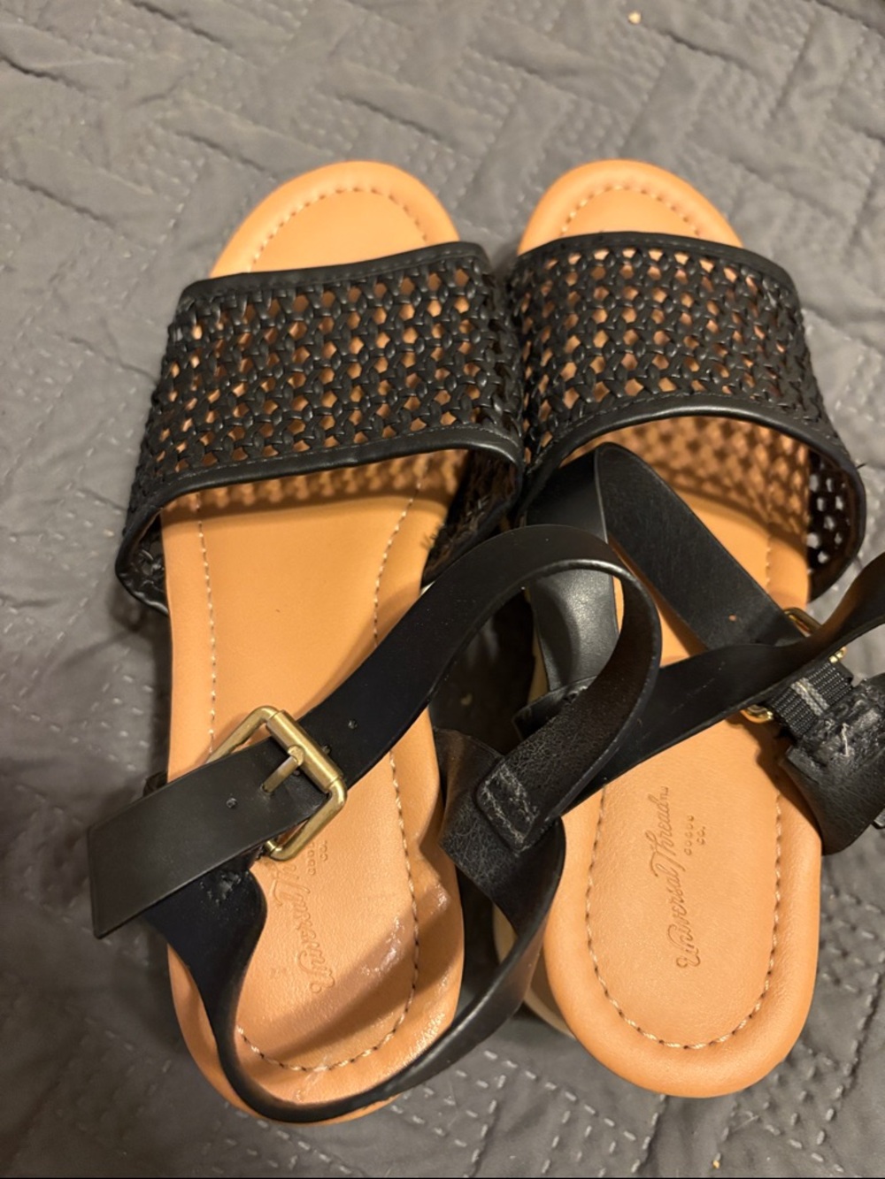 Universal Thread Black Woven Slide Sandals with Tan Footbed